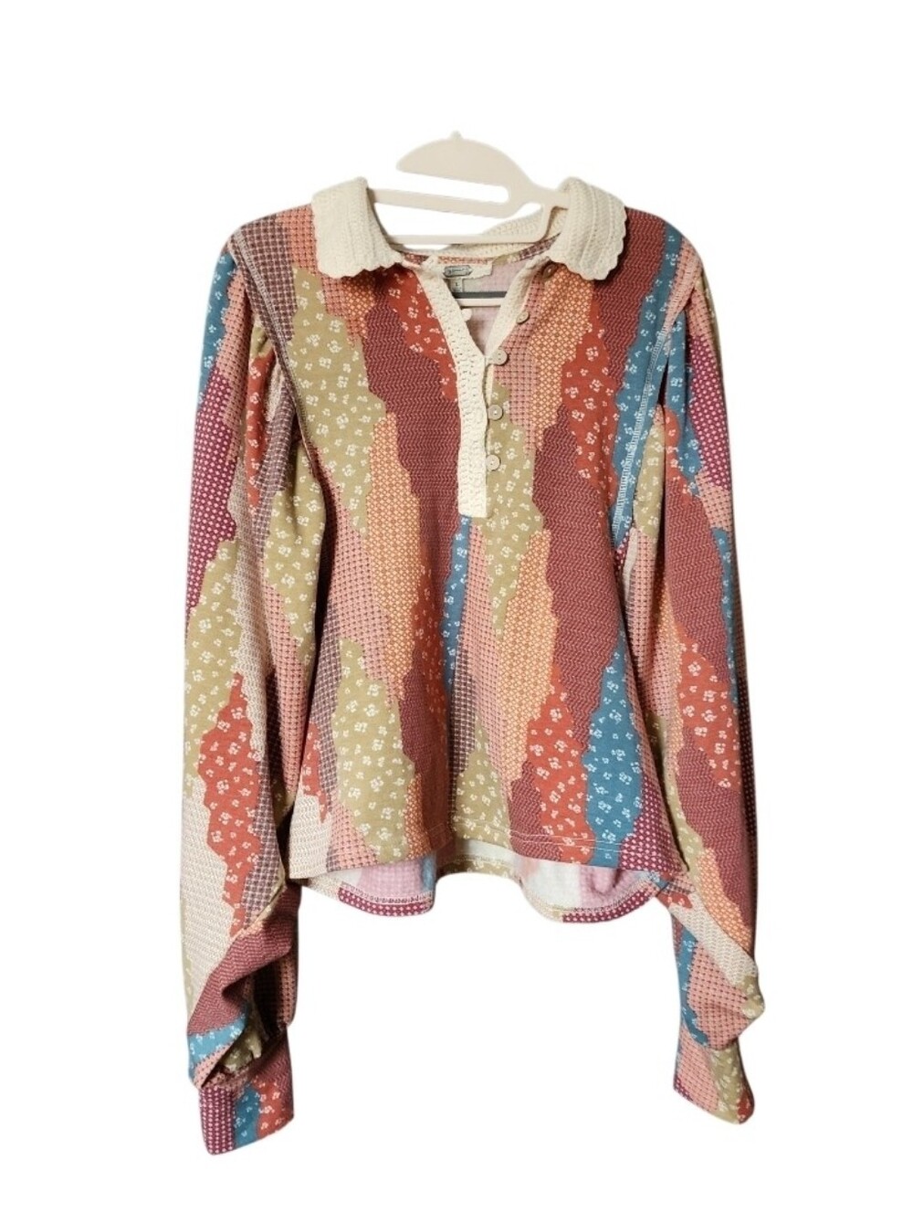 Knit Patchwork-Print Long Sleeve Top - Multicolor